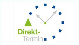 Ein minimalistisches Logo mit einem grünen Dreieck, einer Uhr und dem Schriftzug 'Direkt-Termin' in modernen Farben.