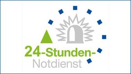 Das Logo zeigt eine stilisierte Tür, umgeben von bunten Elementen, und betont den 24-Stunden-Notdienst in klarer Schrift.