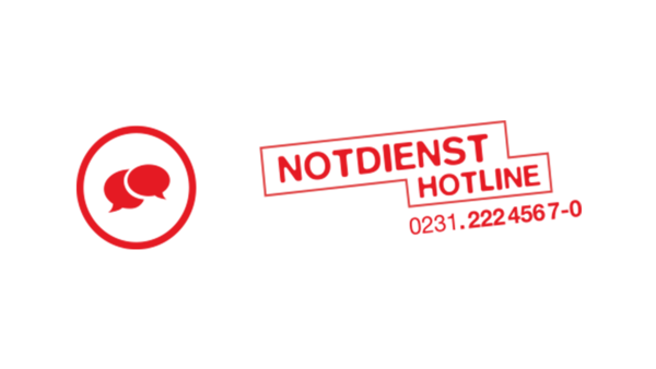 Notdienst Hotline in einem roten Design, in klarer Schrift.