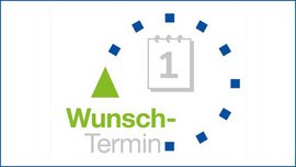 Das Design zeigt ein grünes Dreieck, einen Kalender mit der Zahl eins und blaue Quadrate, die einen Wunschtermin darstellen.