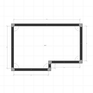 Ein detaillierter Grundriss mit einem L-förmigen Raum, der durch dicke Linien und Maßangaben hervorgehoben wird.